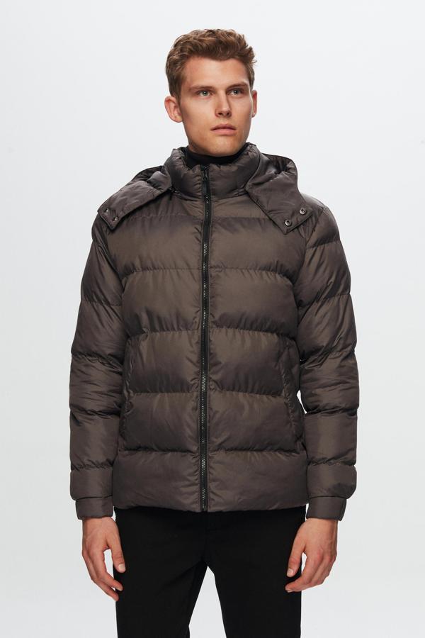 Regular Fit Antrasit Rüzgar Geçirmez Kapüşonlu Kışlık Şişme Mont - Image 1