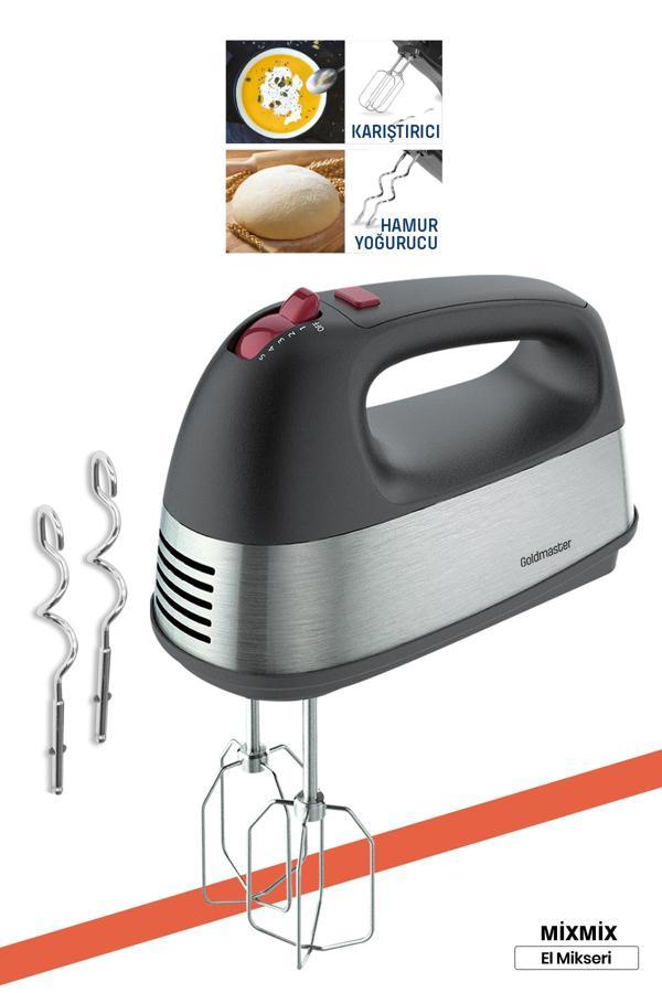 Mixmix Paslanmaz Çelik Turbo Fonksiyonlu 5 Hız Ayarlı Çırpma ve Yoğurma Aparatlı Hand El Mikseri - Image 1