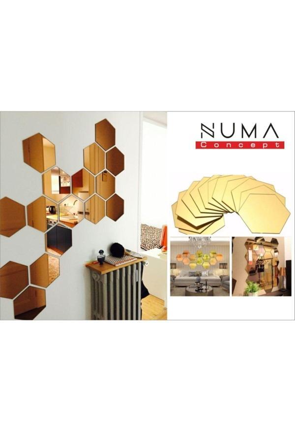 Numa Concept Altıgen Ayna Bal Peteği 12'Li Gold Pleksi Duvar Dekorasyon Her Biri 10X10 Cm - Image 1