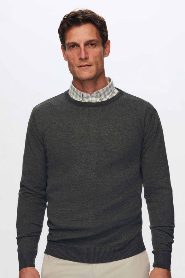 Regular Fit Antrasit Tüylenme Yapmayan Bisiklet Yaka Pamuklu Triko Kazak - Image 1