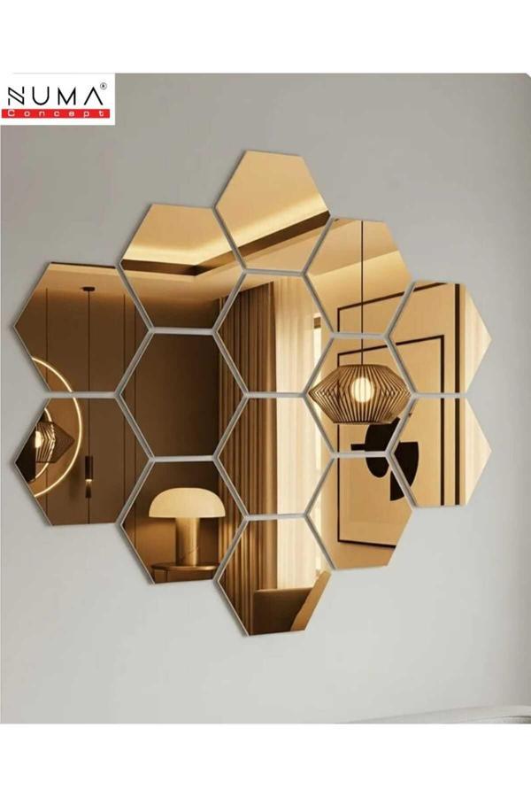 Numa Concept Altıgen Bal Peteği 14'Lü Aynalı Gold Pleksi Duvar Dekorasyon Lazer Kesim 10X10 Cm - Image 1
