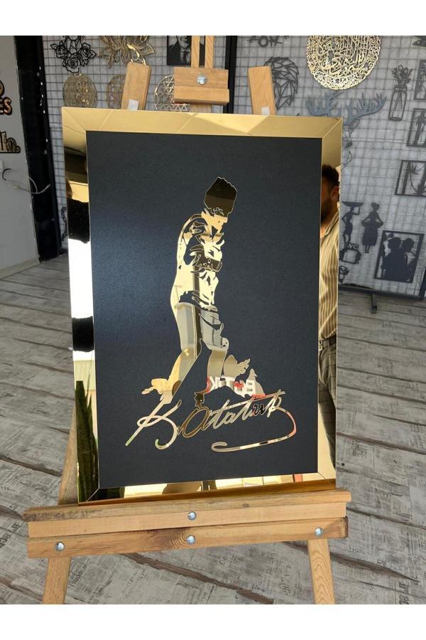 Numa Concept Atatürk Imzalı Tablo Siyah Mdf Üzeri Gold Pleksi Duvar Dekorasyon Lazer Kesim 60X42 Cm - Image 1