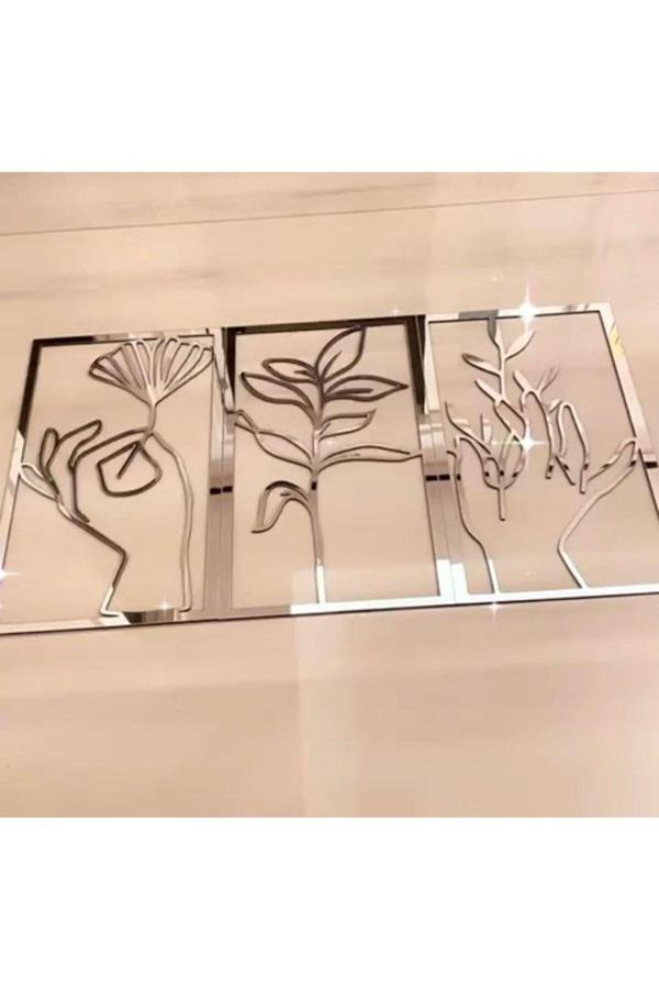 Numa Concept Çiçekler Ve Eller 3'Lü Tablo Mdf Üzeri Gümüş Pleksi Dekorasyon Her Bir Tablo 40X25 Cm - Image 1