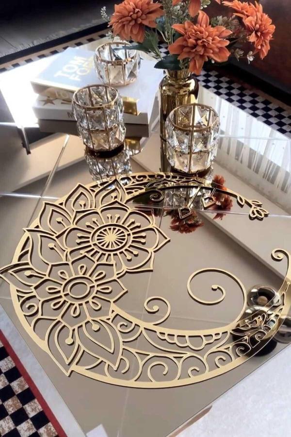 Numa Concept Mandala Ay Mdf Üzeri Gold Pleksi Duvar Dekorasyon Lazer Kesim 49X49 Cm - Image 1