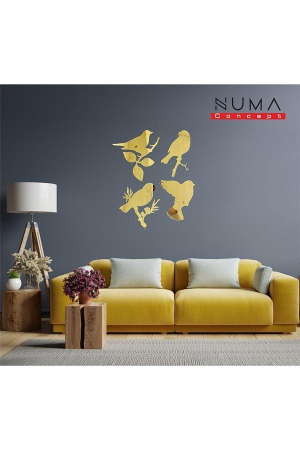 Numa Concept Modern 4'Lü Kuş Mdf Üzeri Gold Pleksi Duvar Dekorasyon Lazer Kesim - Image 1