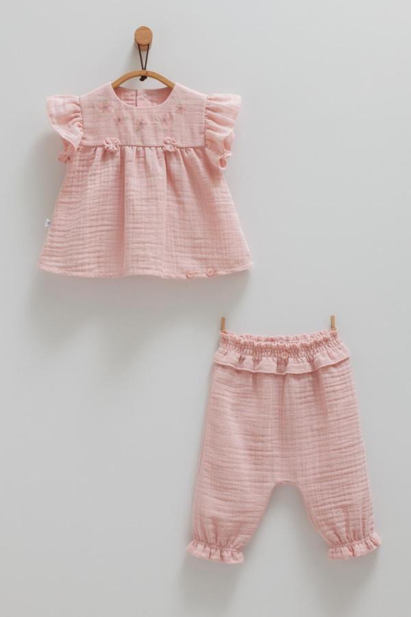 LITTLE GIRL MÜSLİN NAKIŞLI FIRFIRLI ŞORTLU TAKIM Gül Kurusu - Image 1
