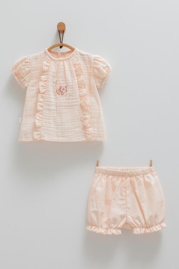 LITTLE GIRL ÖN NAKIŞLI BLUZ ŞORT TAKIM Somon - Image 1