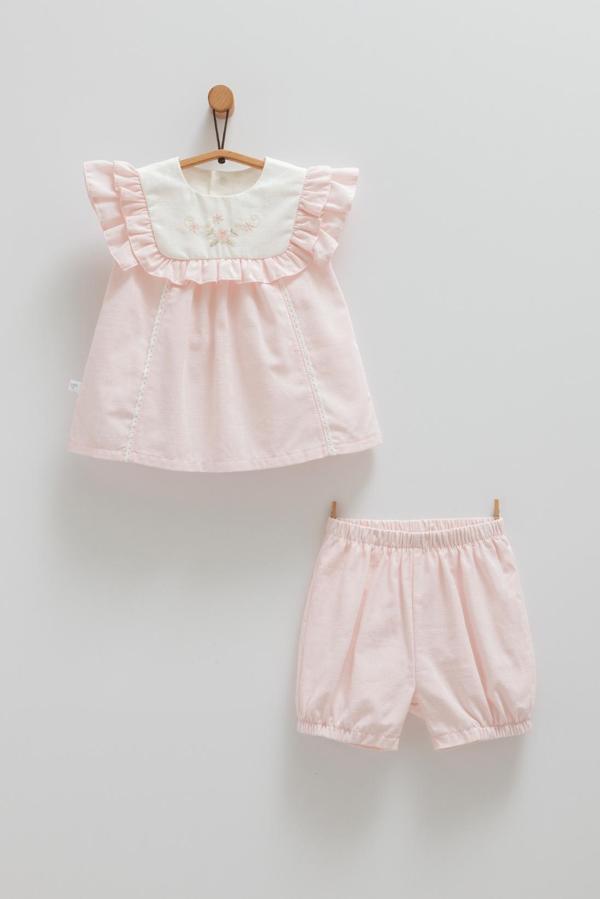 SERENITY GIRL ÇİÇEK DETAYLI FIRFIRLI BLUZ ŞORT TAKIM Pembe - Image 1