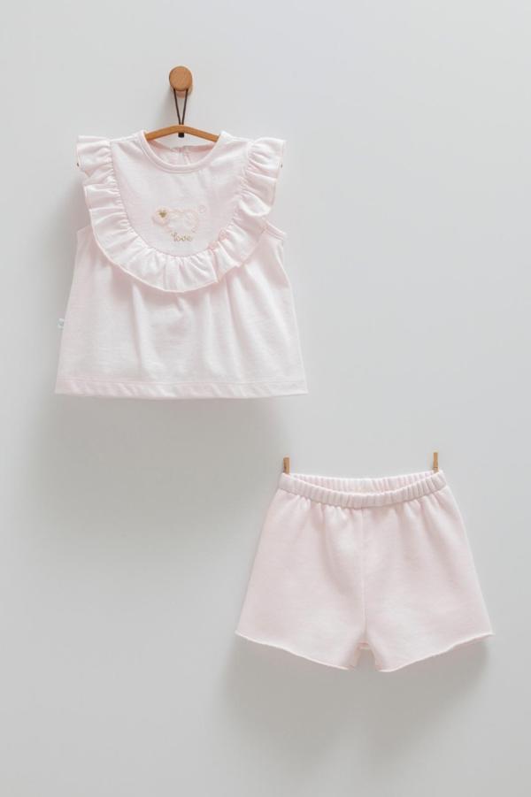 SUMMER WEAR LOVE BASKILI FIRFIRLI BLUZ ŞORT TAKIM Pembe - Image 1