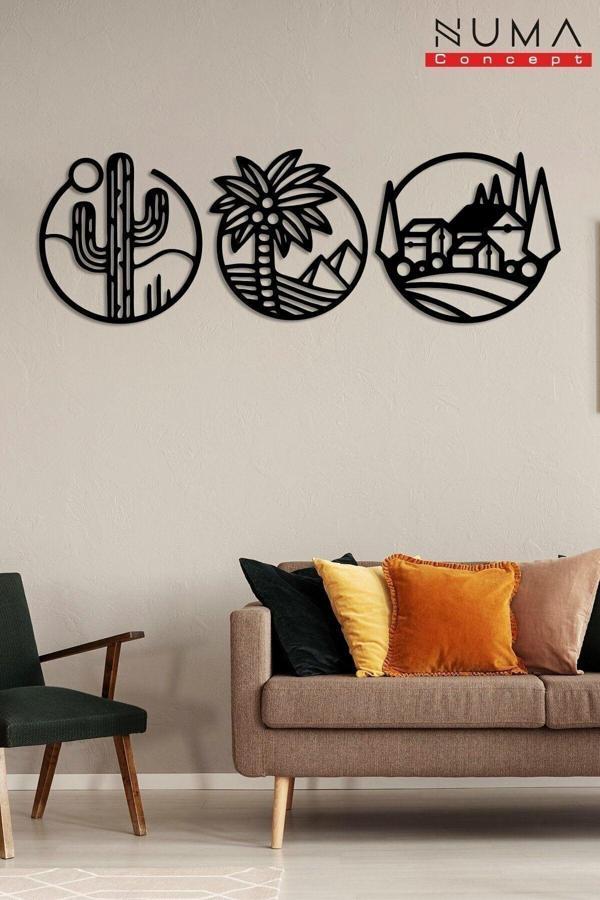 Numa Concept Doğa Kaktüs Palmiye Köy 3'Lü Tablo Mdf Duvar Dekorasyon Lazer Kesim Her Biri 24X24 Cm - Image 1
