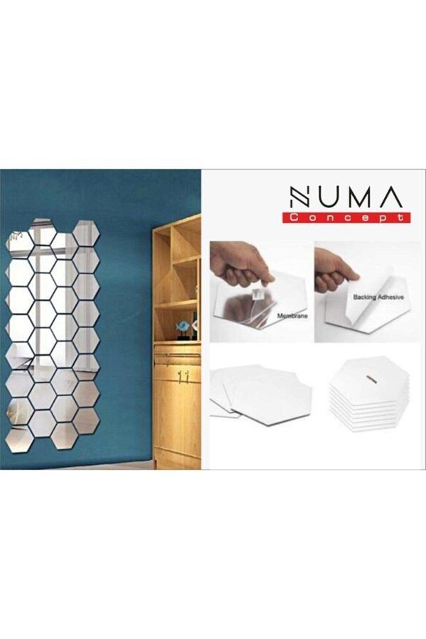 Numa Concept Altıgen Ayna Bal Peteği 12'Li Gümüş Pleksi Duvar Dekorasyon Her Biri 10X6 Cm - Image 1