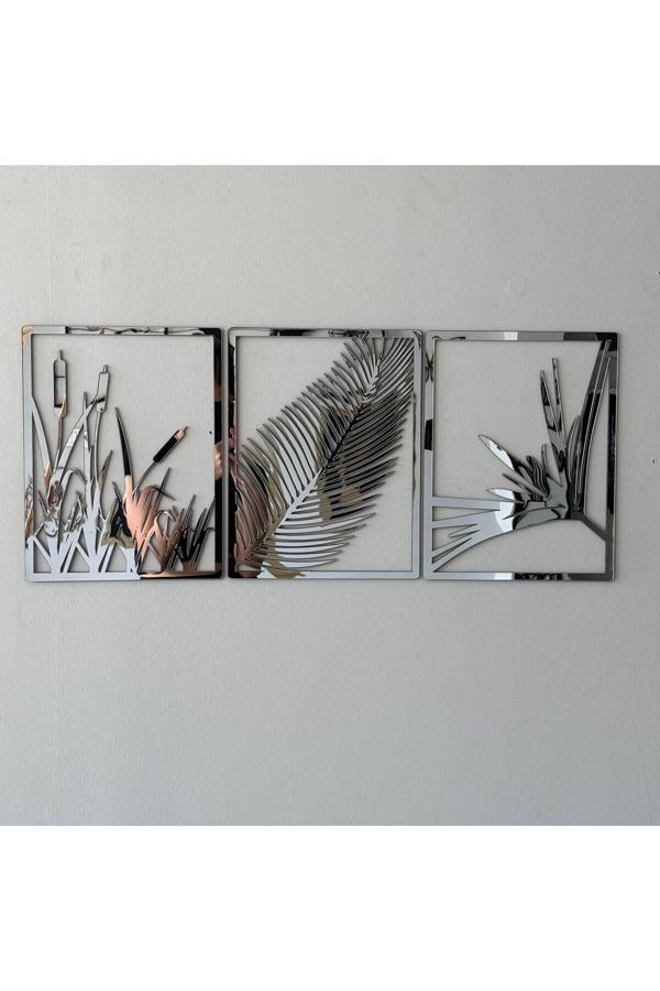 Numa Concept Yaprak Ve Sazlık 3'Lü Tablo Mdf Üzeri Gümüş Pleksi Duvar Dekorasyon Her Biri 35X25 Cm - Image 1