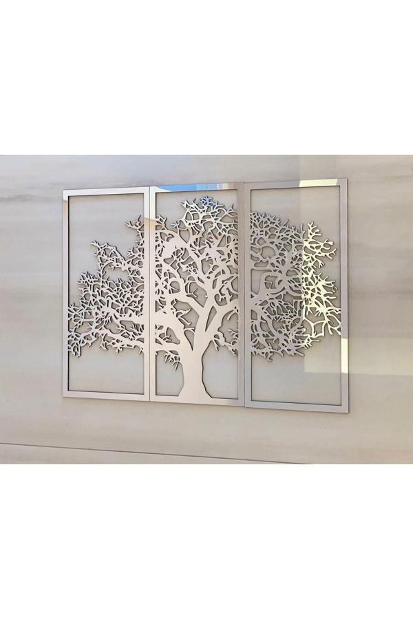 Numa Concept Sonbahar 3'Lü Çınar Ağacı Tablo Mdf Üzeri Gümüş Pleksi Duvar Dekorasyon Her Biri 39X17 Cm - Image 1