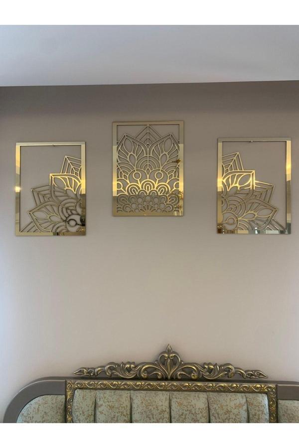 Numa Concept Lotus Çiçeği 3'Lü Tablo Mdf Üzeri Gold Pleksi Duvar Dekorasyon Her Biri 35X24,5 Cm - Image 1