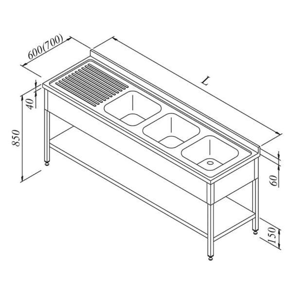 Öztiryakiler Evyeli Tezgahı 3g / 1d Sol 3 Perdeli Taban Raflı 240x60 Cm - Image 1