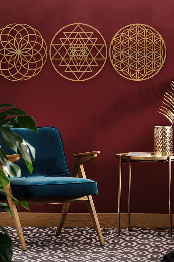 Numa Concept Yaşam Çiçeği 3'Lü Mdf Üzeri Gold Pleksi Duvar Dekorasyon Her Biri 30X30 Cm - Image 1