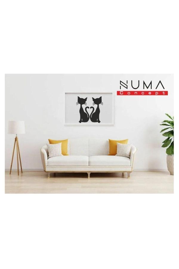 Numa Concept Kalp Kuyruklu Sevimli Kediler Mdf Duvar Dekorasyon Lazer Kesim 32X16 Cm - Image 1