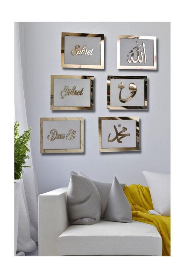 Numa Concept Sabret Şükret Dua Et Allah Muhammed Vav 6'Lı Set Mdf Üzeri Aynalı Gümüş Pleksi Her Biri 20X13 Cm - Image 1