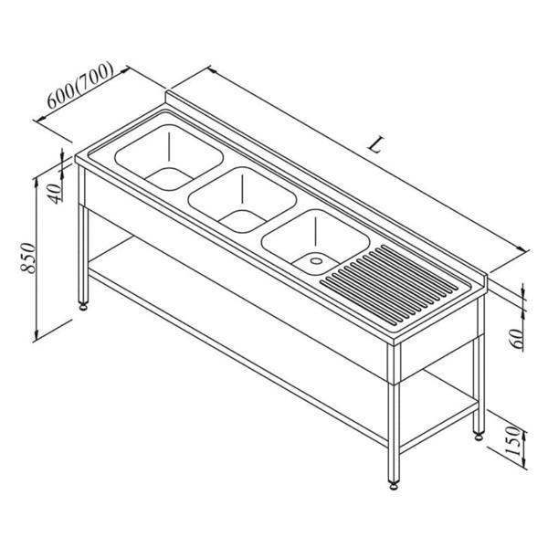 Öztiryakiler Evyeli Tezgahı 3g / 1d Sağ 3 Perdeli Taban Raflı 240x60 Cm - Image 1
