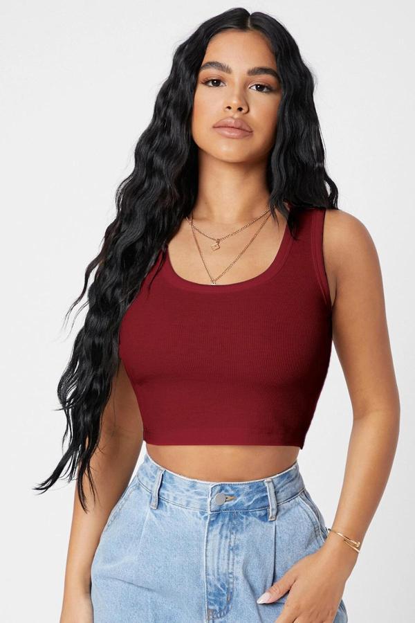 Kadın Bordo Kare Yaka Crop Top Bluz - Image 1