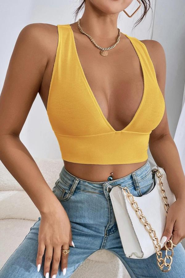 Kadın Sarı Çapraz Sırt Detaylı Şık Crop Top Büstiyer - Image 1