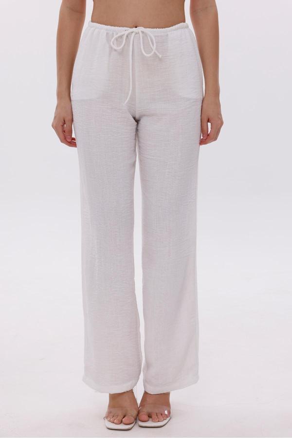 La Pante Beli Lastikli Bağcıklı Dokuma Beyaz Pantolon - Image 1