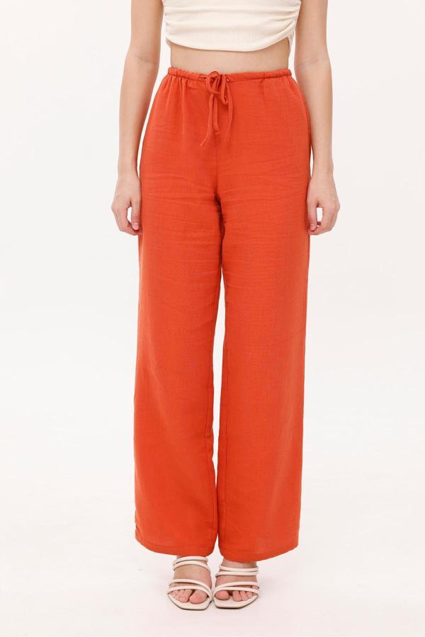 La Pante Beli Lastikli Bağcıklı Müslin Turuncu Pantolon - Image 1