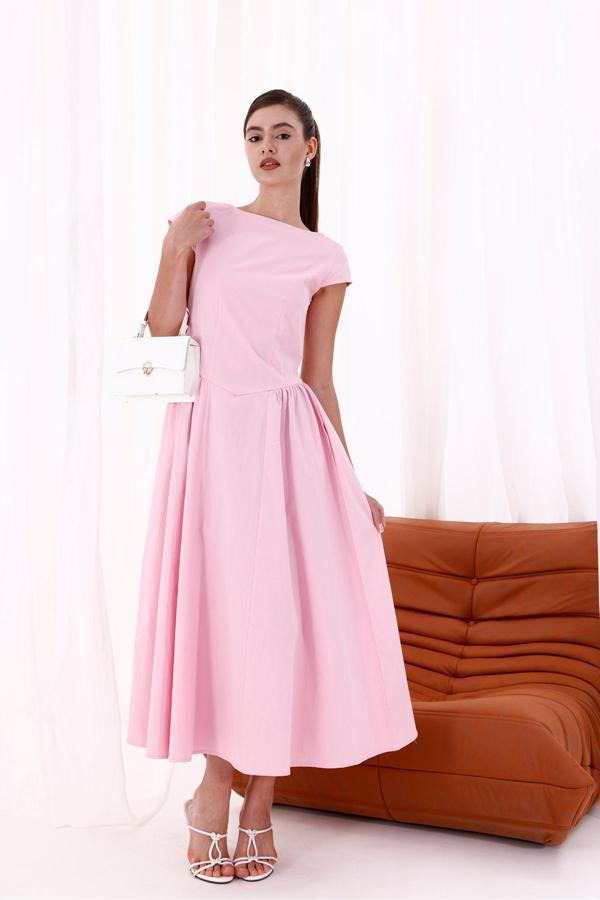 La Pante Sırtı Acık Arka Fermuarlı Bel Büzgülü Uzun Elbise - Image 1