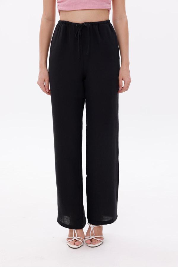 La Pante Beli Lastikli Bağcıklı Müslin Siyah Pantolon - Image 1