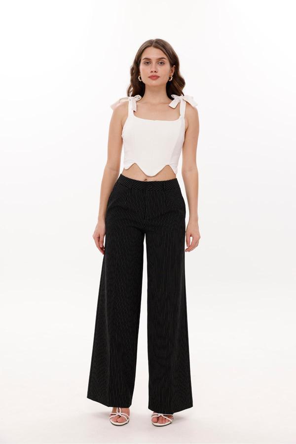 La Pante Önden Düğmelı Çizgili Strıght Dikişli Palazo Pantolon - Image 1