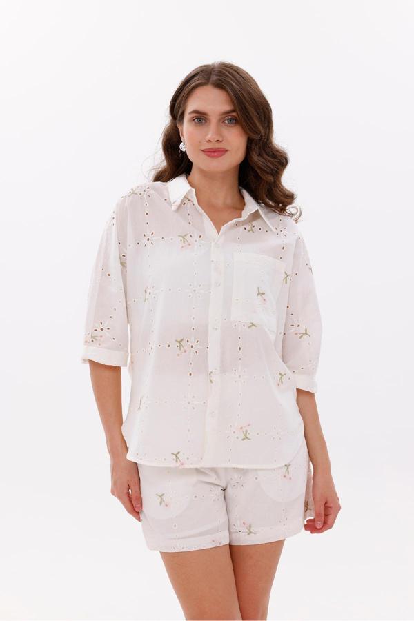 La Pante Çiçek Desenli Önden Cepli Düşük Kol Gömlek Yandan Fermuarlı Pamuk Şortlu Takım - Image 1