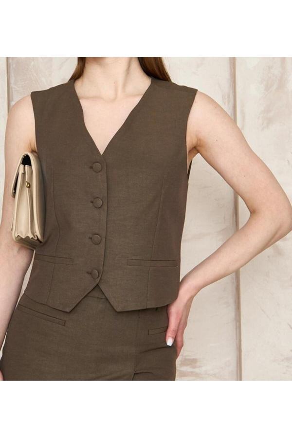 La Pante V Yaka Vücuda Oturan Haki Yelek - Image 1