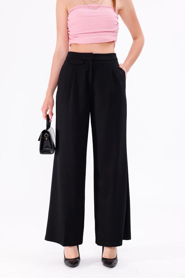 La Pante Normal Bel Dokuma Kapaklı Kadın Siyah Pantolon - Image 1