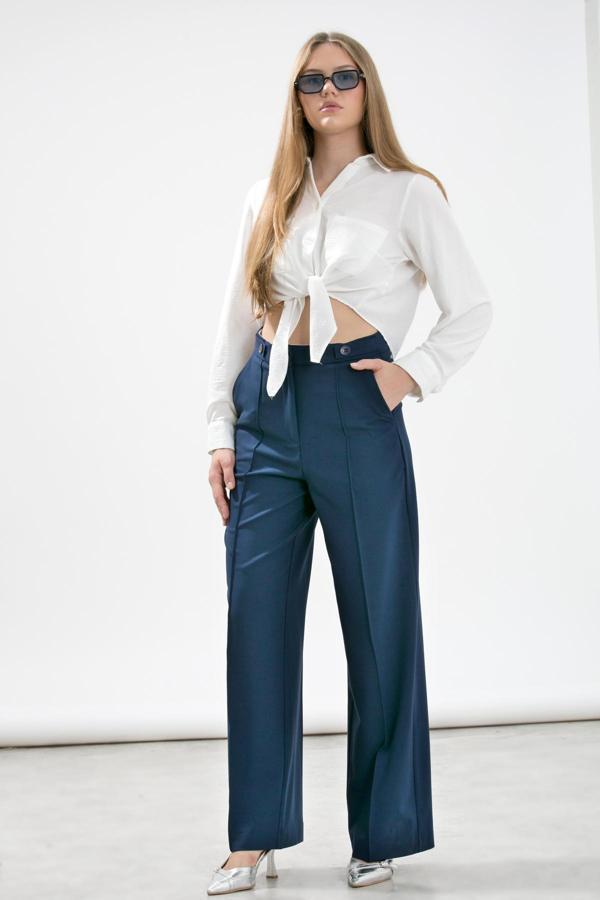 La Pante Önden Nervürlü Kemerde Apolet Ve Düğme Detaylı Yüksek Bel Bol Paça Pantolon - Image 1