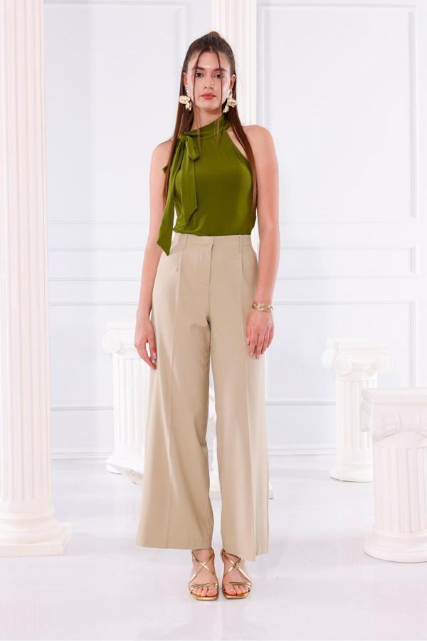 La Pante Arka Dikme Cepli Bol Paça Kadın Bej Pantolon - Image 1