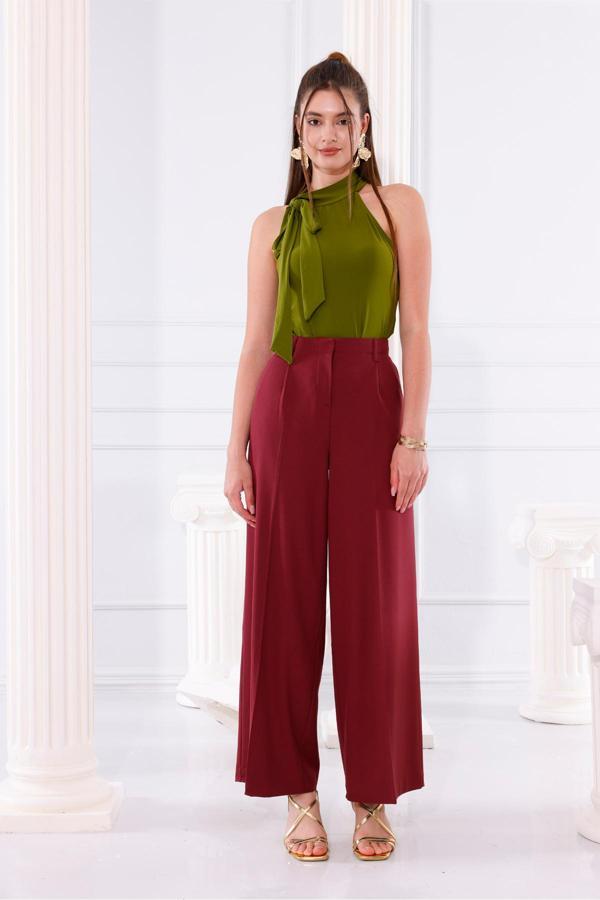 La Pante Arka Dikme Cepli Bol Paça Kadın Bordo Pantolon - Image 1