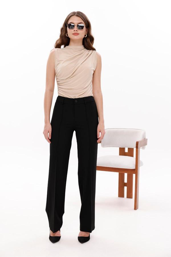 La Pante Düğmeli Ön Paça Nervürlü Dokuma Pantolon - Image 1