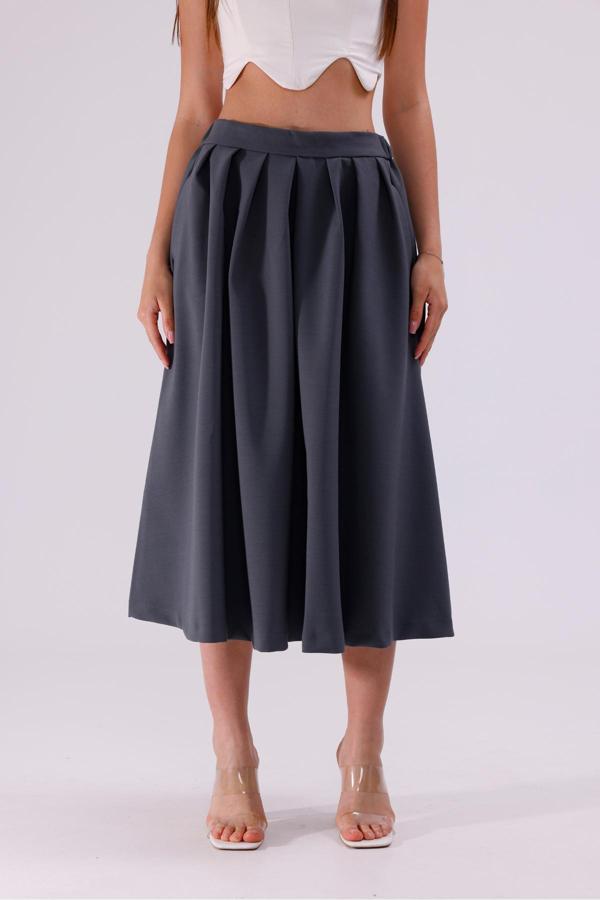 La Pante Arka Kemer Lastikli Önden Pileli Etek - Image 1