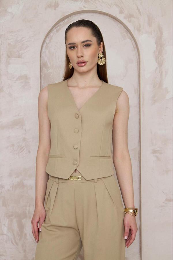 La Pante V Yaka Vücuda Oturan Bej Yelek - Image 1