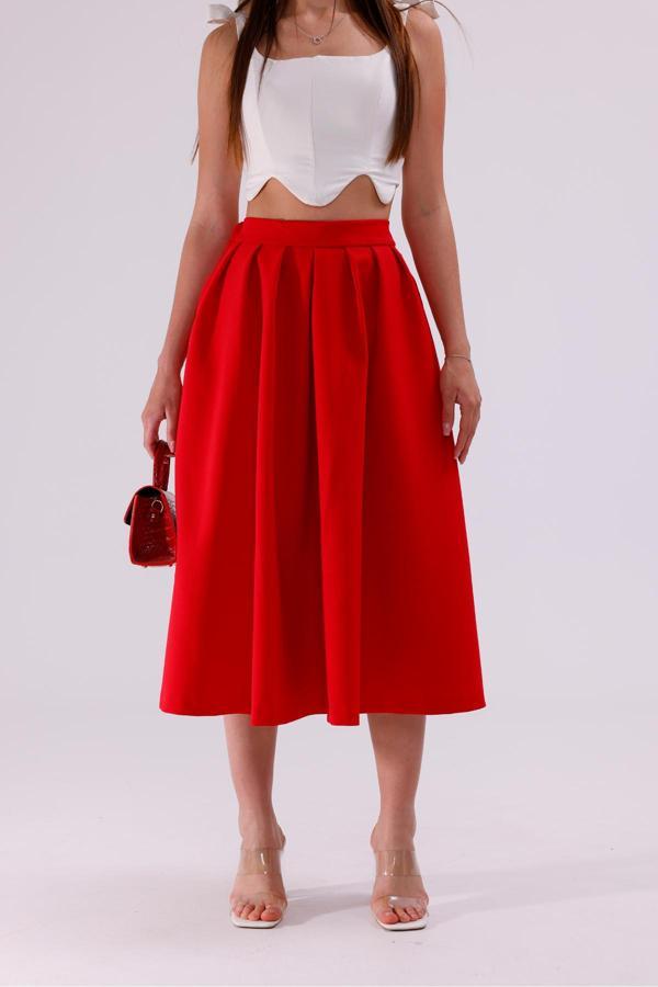 La Pante Arka Kemer Lastikli Önden Pileli Etek - Image 1