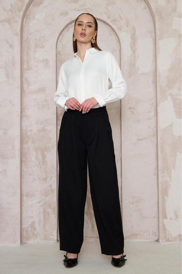 La Pante Beli Lastikli Pol Paça Geniş Kesim Siyah Kadın Pantolon - Image 1