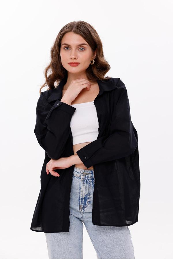 La Pante Önden Cepli Düşük Omuzlu %100 Pamuk Gömlek - Image 1