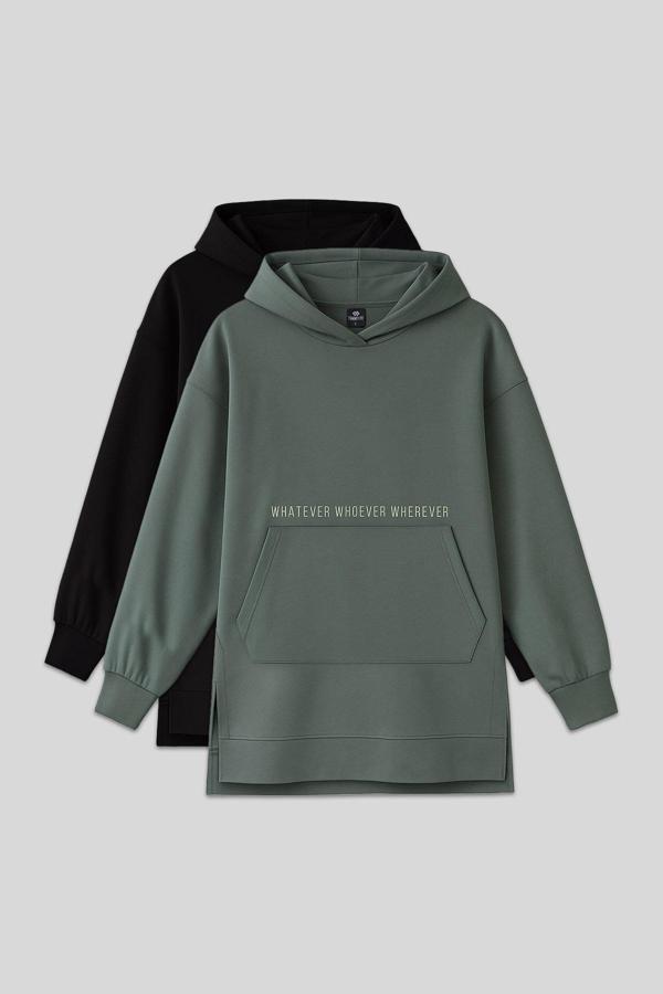 Oversize Kapüşonlu 2li Paket Siyah-Çağla Kadın Tunik Sweatshirt - 97163 - Image 1
