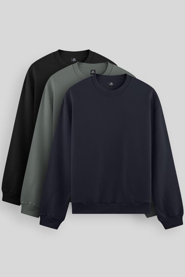 Standart Fit Basic O Yaka  3lü Paket Siyah-Bej-Çağla Erkek Sweatshirt 88053 - Image 1