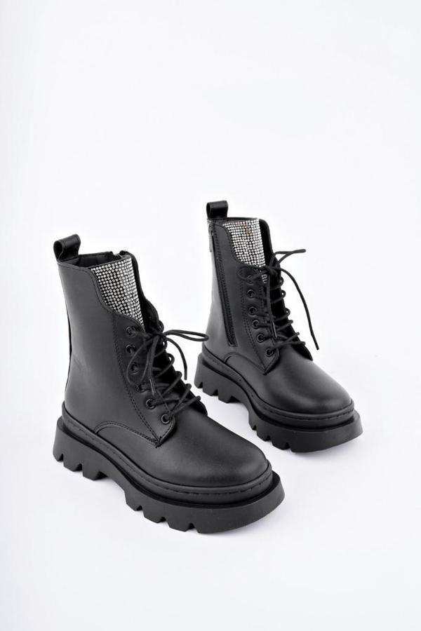 Siyah Fermuarlı Bağcıklı Lüks Kız Çocuk Botu - Image 1