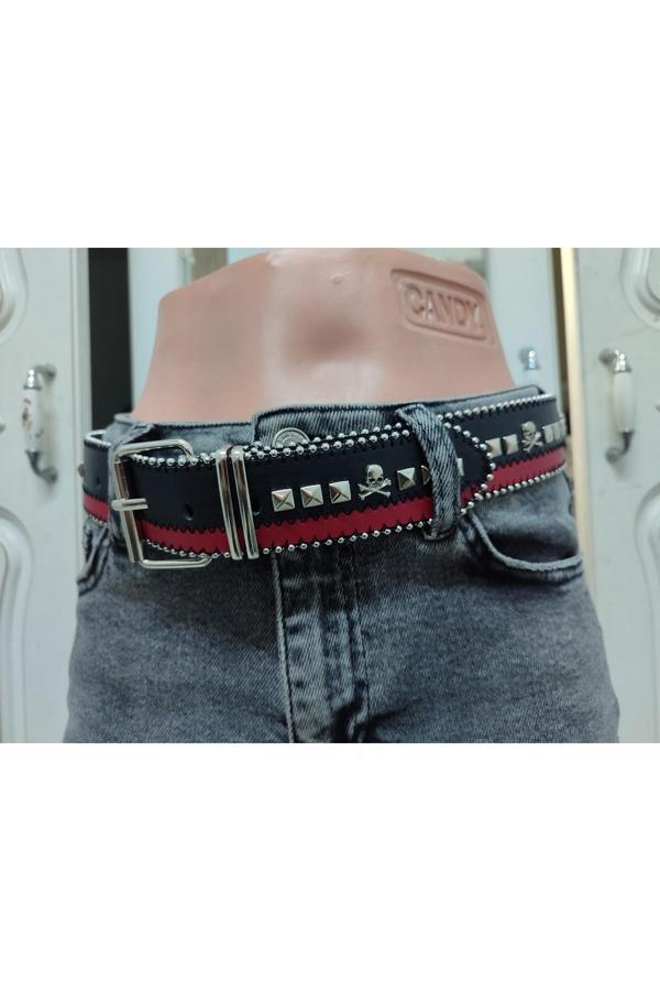 Çelik Belt Vintega Çift Renk Piramitli Kuru Kafalı Boncuk Zincir Dikişli Kemer - Image 1