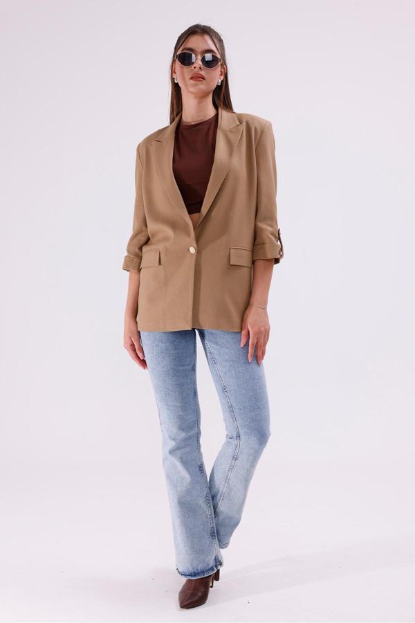 La Pante Kol Düğme Detaylı Kahverengi Blazer Ceket - Image 1