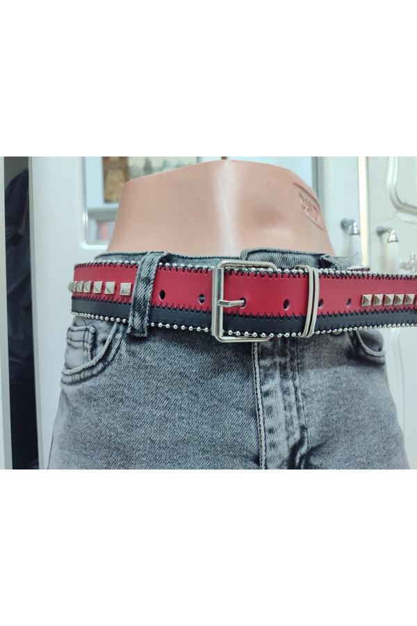 Çelik Belt Vintega Kırmızı Siyah Boncuk Zincir Dikişli Piramitli Özel Tasarım Kemer - Image 1