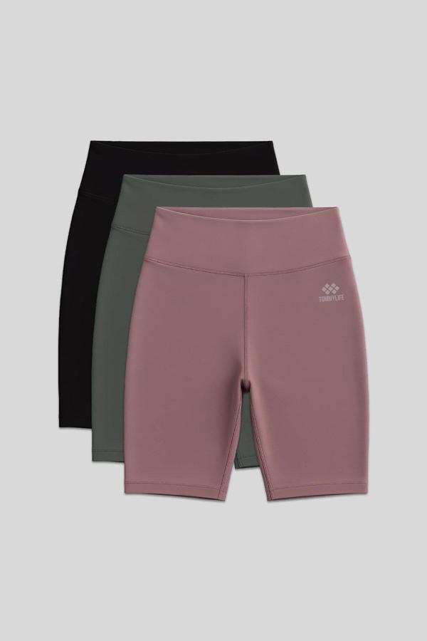 Slim Fit 3lü Paket Siyah-Çağla-Gül Kurusu Kadın Kısa Biker Tayt - 91007 - Image 1