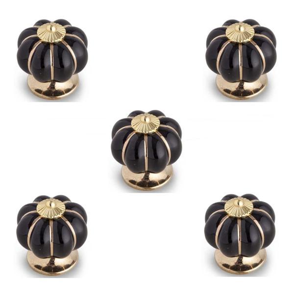 5 Adet Tomurcuk Porselen Düğme Siyah - Altın Tek Mobilya Kulp  - Image 1